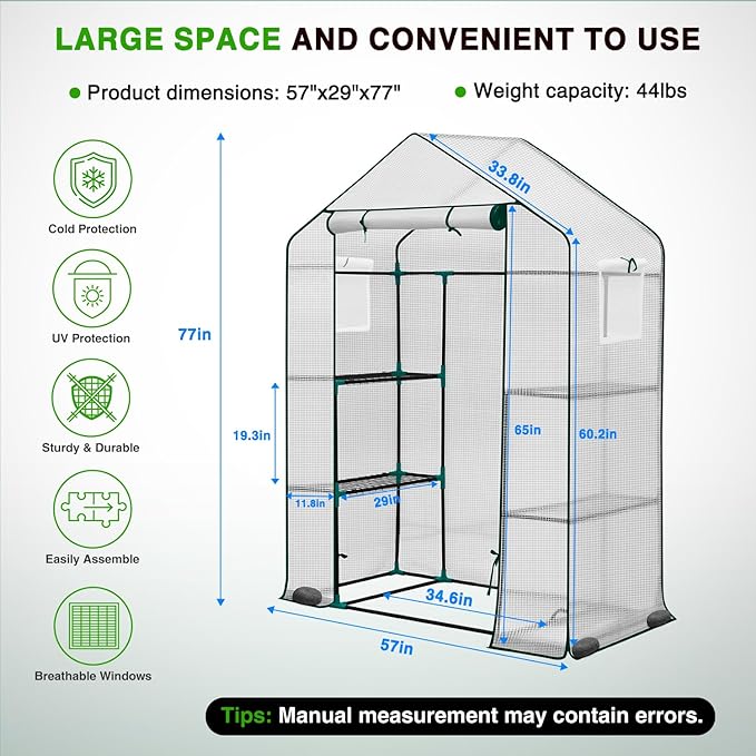 Yesker Greenhouse 57"x29"x77" Walk in Green House - Large Outdoor/Indoor Greenhouses with 4 Shelves Waterproof PE Cover & Windows, Portable Greenhouse Kit for Winter Backyard Gardening Patio, White
