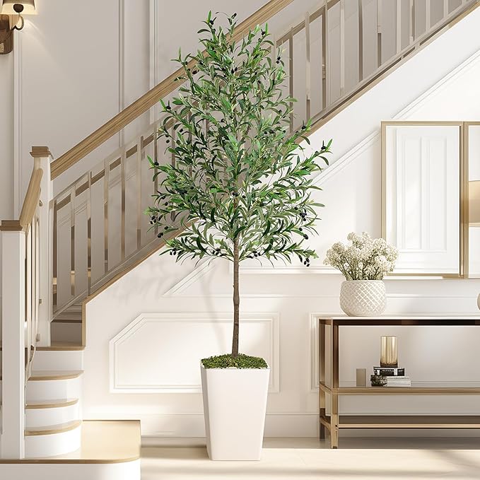 Olive Trees Artificial Indoor 7ft, 2 PCS Tall Faux Silk Plant with Pot, Realistic Leaves and Natural Wood Trunk Fake Trees with Lifelike Fruits for Home Office Decor Bedroom Livingroom Entryway