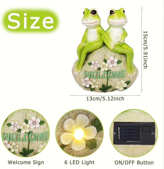 Jy.Cozy Solar Powered Frog Couple Statue with LED Lit Flowers Welcome Sign 7-Inch Tall Resin Garden Decor Romantic Ornament Gift for Porch Patio Housewarming Wedding Outdoor Decor