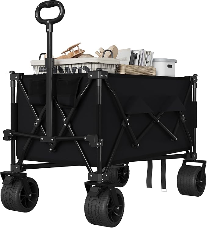 GarveeLife Heavy Duty Utility Beach Wagon Cart, Collapsible Wagon Beach with All Terrain Wheels, Extra Long WagonCart Foldable with Cup Holders for Sand