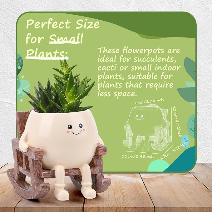 KIUGCO Smily Face Planter Pot, Cute Resin Flower Head Planters for Indoor Outdoor, Unique Sitting Rocking Chairs Succulent Pots, Cute Plant Gifts for Plant Lovers