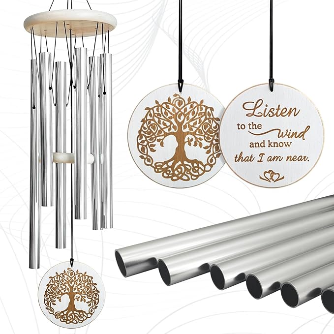 Aoedelyart Wind Chimes Outdoors,33" WindChimes for Loss of Loved One,Memorial/Sympathy Gifts for Mother/Unisex/Father,Tree of Life Wind Chimes for Outside Zen Garden Home Yard Decoration (Silver)