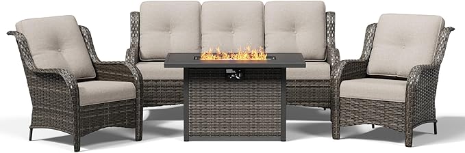 Joyside 4 Piece Wicker Patio Furniture Set with Fire Pit Table, Rattan Patio Chairs with High Back, Deep Seating, Wide Armrest, Thickened Cushions, Outdoor Furniture for Deck, Porch Use