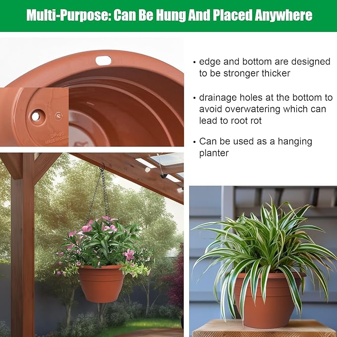 RooTrimmer 5 Pack 10 Inch Plastic Plant Pots Lightweight Planters with Drainage Holes,Durable Indoor & Outdoor Flower Pots for Garden,Patio & Home Decor(Pottery Red)