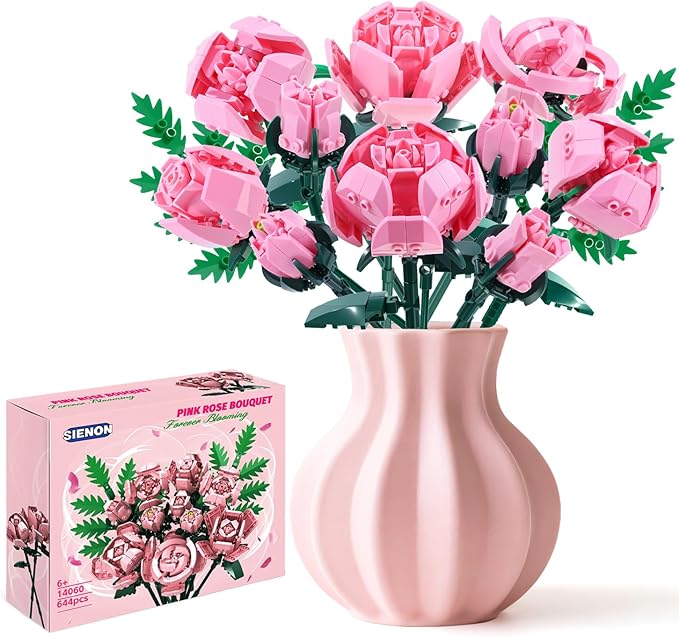 Pink Rose Flower Building Set-10pcs Roses & 2pcs Leaves Botanical Collection, Artificial Flowers for Home Décor, Rose Bouquet Building Kit for Valentine’s Day Christmas Birthday Anniversary (No Vase)