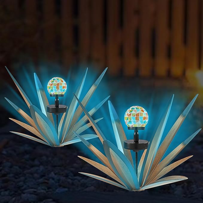 TOMBABY Enlarge Metal Plants Tequila Rustic Sculpture, Outdoor Patio Yard, Home Decor Hand Painted Agave Garden Statue, Outdoor Lawn Ornaments Yard Stakes for Mom Gift (2 Solar Blue)