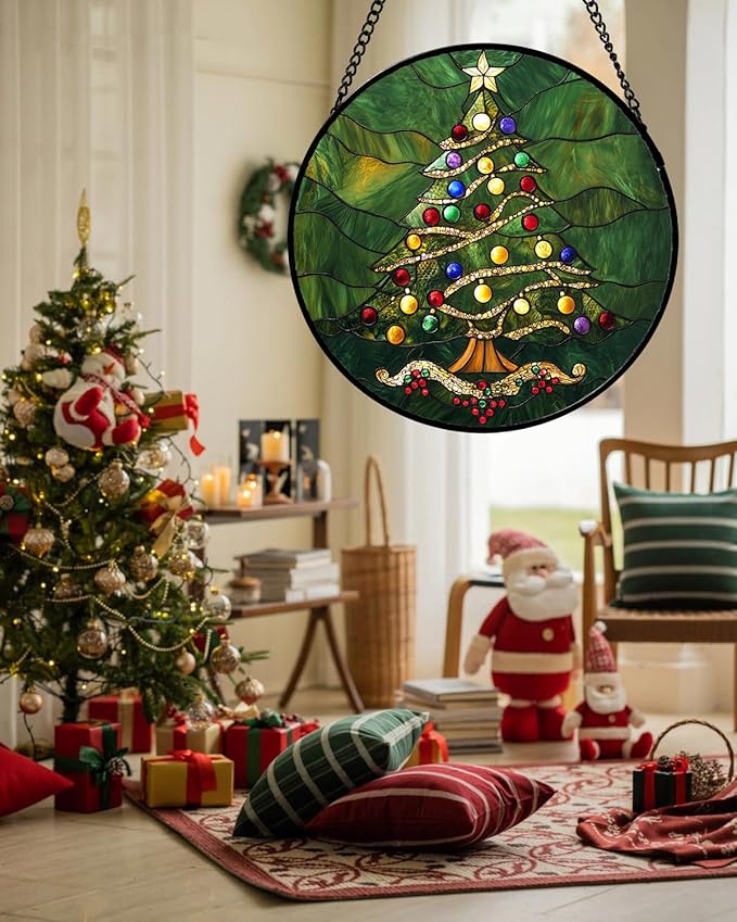Stained Glass Window Hanging - Green Christmas Tree with Colorful Lights Suncatcher for Doors Home Christmas Decoration Sun Catcher Thanksgiving New Year Birthday Gifts for Women Men Mom Nana 6.3 in