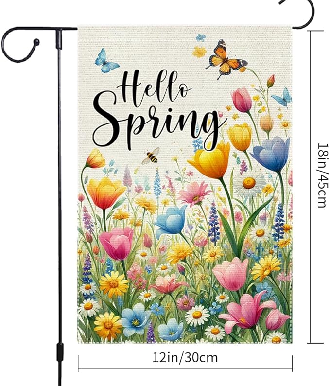 Hello Spring Summer Tulip Garden Flag 12x18 Inch Double Sided Bee Flowers Butterfly Colorful Floral Small Burlap Yard House Seasonal Farmhouse Outside Spring Decor Flags