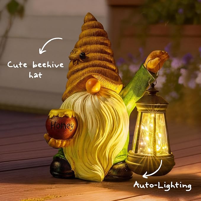 12.3''Solar Garden Gnomes Outdoor Decor Honey Bee jar Gnome Statues with LED Lantern Xmas Patio Lawn Yard Art Decoration Birthday Christmas Gardening Gifts for Mom Dad, Bee Gnome