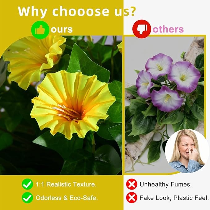 Morning Glory Artificial Hanging Flowers for Outdoors 3 Pcs Fake Petunias Flower Faux Silk Long Trailing Vines Realistic Flower for Front Door Porch Patio Balcony Garden Yard Decor (3 Pcs Yellow)