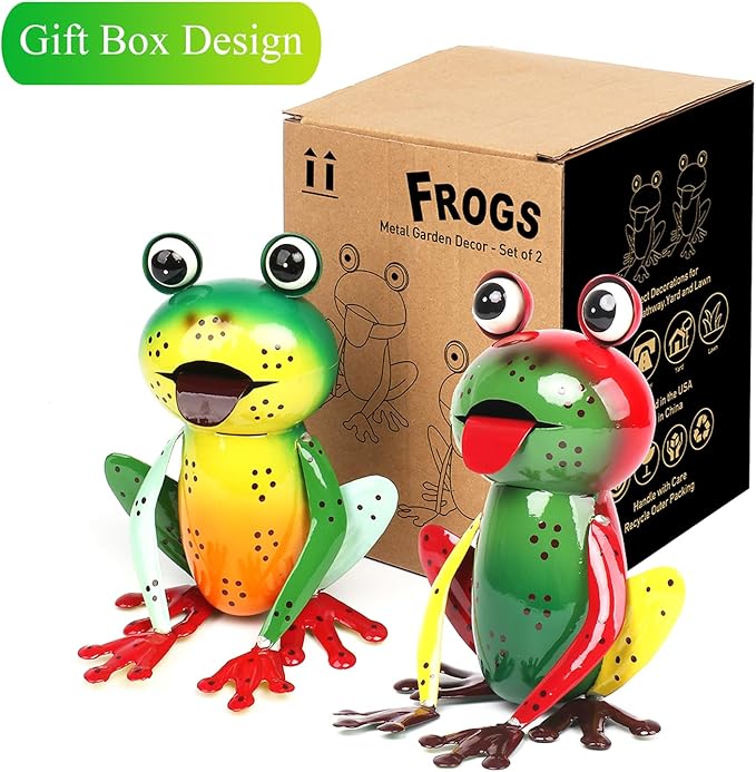 Metal Garden Decor Yard Art for Outside Set of 2 Cute Frogs Lawn Patio Ornaments Backyard Decorations Garden Gifts - (Yellow,Green)