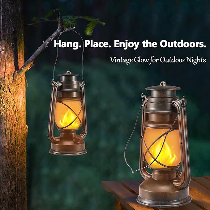 Outdoor Lanterns Waterproof Hanging Vintage LED Camping Lamps with Dancing Flame Non-Solar Remote Control Light Landscape Decor for Table Patio Garden Yard Pathway Porch 2Pack (3AA Batteries Power)