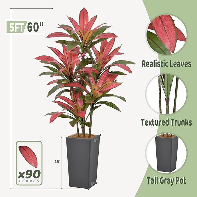 Roselywed Artificial Red Dracaena Tree 5FT with 90 Leaves & 6 Heads & Gray Tall Planter Cover with Coconut Fiber Tall Faux Tropical Silk Bicolor Plant 60 Inch for Indoor Home Office Porch Mall Decor