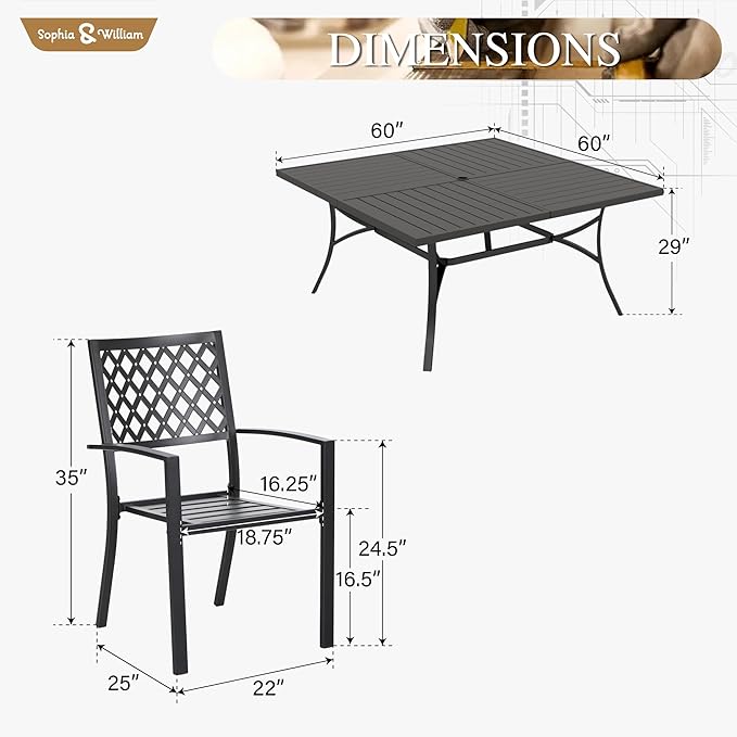 Sophia & William Patio Table and Chairs Set, Outdoor Dining Set for 8, 9 Piece Metal Patio Furniture, 60" Black Square Table(Diamond)