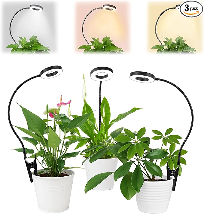QWORK 3 Pack Grow Lights for Indoor Plants Full Spectrum, Clip On Growing Lamp with 3-Color Modes, Auto Timer & Dimmable Levels for Indoor Growing