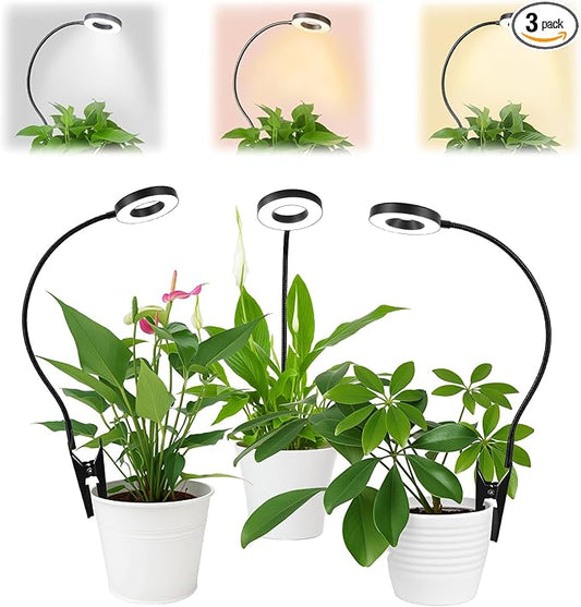 QWORK 3 Pack Grow Lights for Indoor Plants Full Spectrum, Clip On Growing Lamp with 3-Color Modes, Auto Timer & Dimmable Levels for Indoor Growing