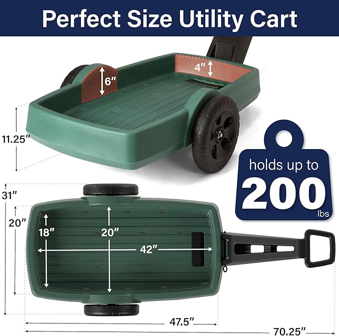Simplay3 Yard and Garden Outdoor Cart - Long Handle Easy Turn 2 Wheel Heavy Duty Plastic Pull Cart for The Backyard 42 in. x 20 in. x 4 in. Bed, Green