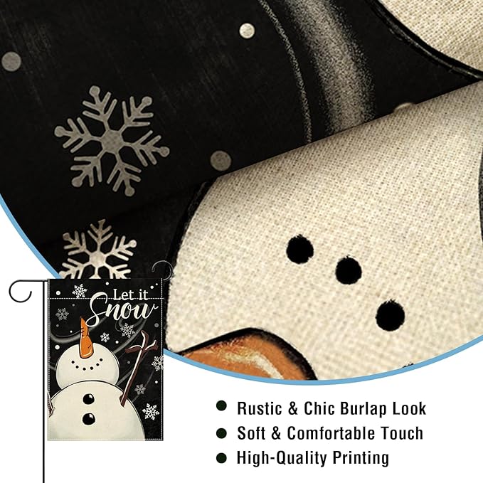 Artofy Winter Snowman Black Small Decorative Garden Flag, Let It Snow Snowflake Yard Lawn Outside Decor, Christmas Seasonal Burlap Outdoor Home Decoration Double Sided 12 x 18