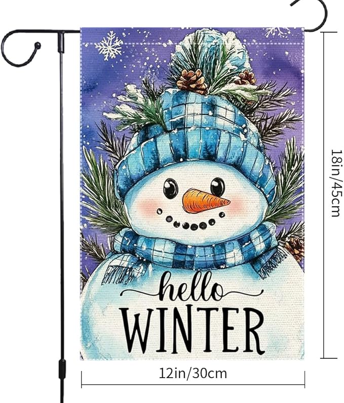 Hello Winter Snowman Garden Flag 12x18 Inch Double Sided Burlap Holiday Yard Decoration with Blue Knit Hat and Scarf Pinecone Snowflakes Outdoor Welcome Banner