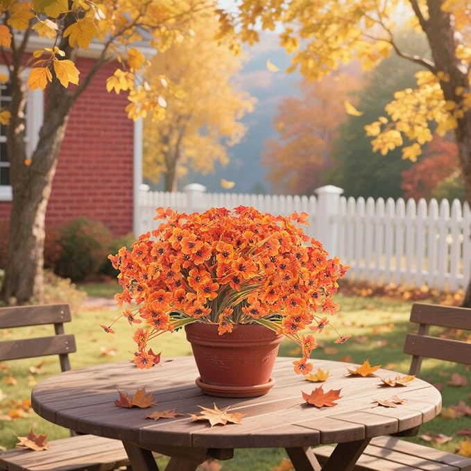 Grunyia 20PCS Autumn Fall Artificial Flowers Outdoor, Fall Porch Decorations, Realistic Waterproof Faux Flowers for Outside Porch Decor, Thanksgiving Halloween Home Garden Decor (Fall Red)