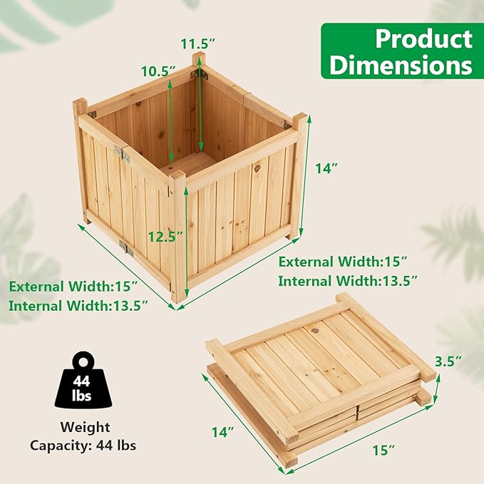 Giantex 15” Planter Raised Garden Bed - Wooden Planting Box, Outdoor Folding Square Planter w/Removable Bottom, Premium Drainage System for Herbs, Fruits, Flowers, Succulents, Simple Assembly