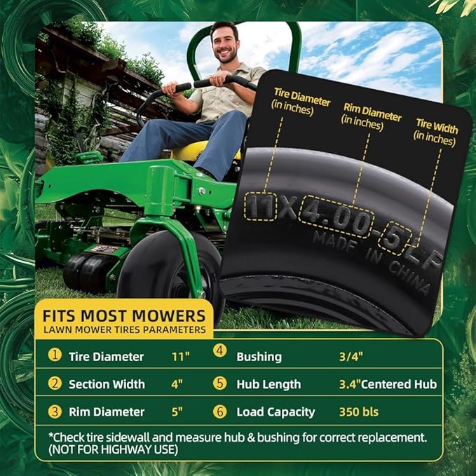 11x4.00-5 Lawn Mower Tires Flat Free (2 Pack),Universal 11x4-5 Solid Smooth Tractor Turf Tire with Rim, 3.4" Centered Hub and 3/4" & 5/8" Bushing, For Zero Turn Mowers and Riding Lawn Mower