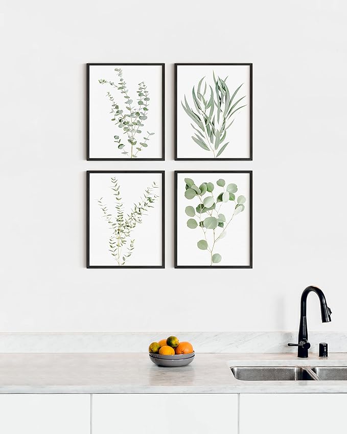 HAUS AND HUES Botanical Plant Wall Art Prints - Set of 4 Plant Wall Decor Prints, Floral Kitchen, Flower Leaves Wall Art, Boho Leaf Eucalyptus Wall Decor, Green Botanical Poster (Black Frame, 16x20)