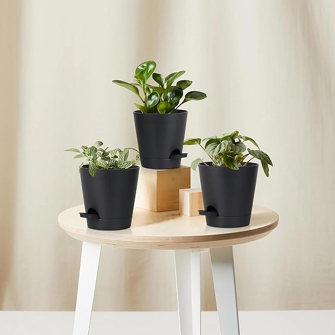 zople 5 Pack 5 inch Self-Watering Pots, African Violets Planter with Drainage Holes and Reservoir, Black Plastic Planter for Indoor Outdoor Plants Flowers and Houseplants Black, 5 inch 5 pcs