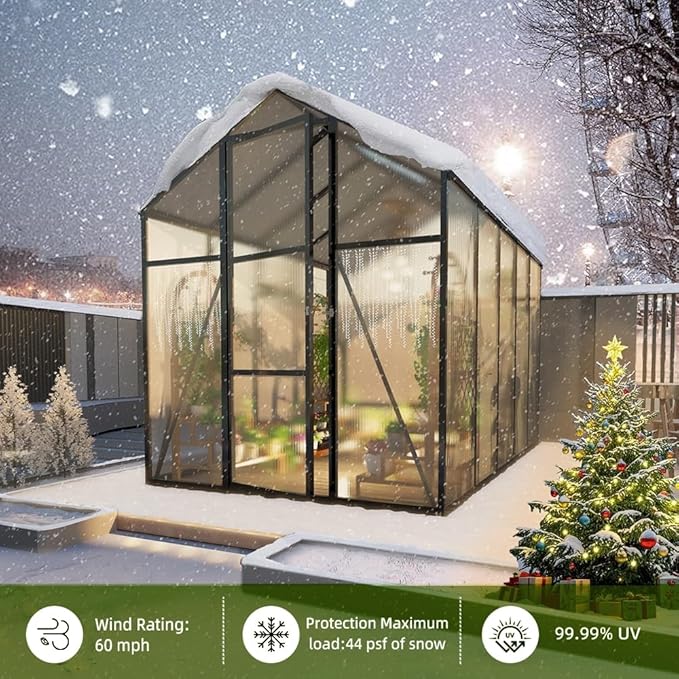 7.2FT High 6.1*8.1FT Greenhouse for Outdoors, Polycarbonate Greenhouse with Stronger Wind Protection and Roof Vent,Walk-in Large Aluminum Sunroom Winter Proof,Black