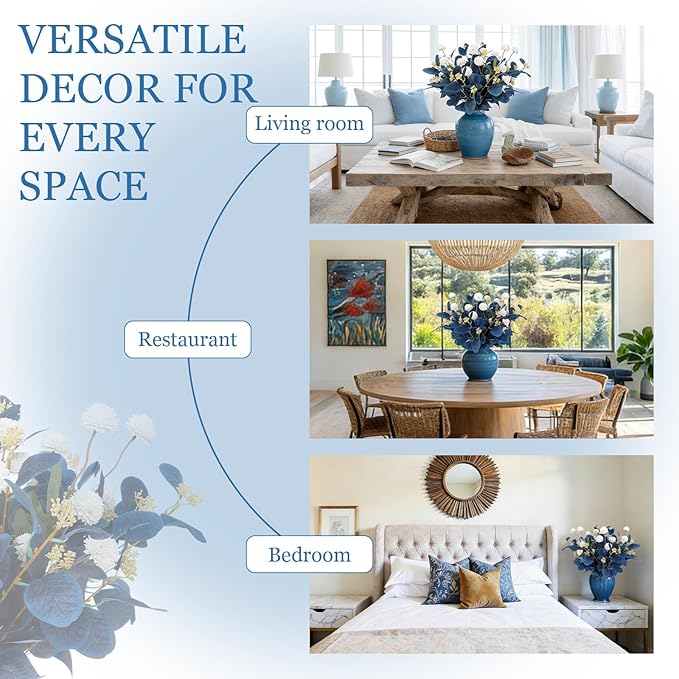Fake Flowers for Vase, 16 pcs Faux Silk Pompom Mum Artificial Flowers with Eucalyptus Stems, Mini Floral Long Stem Arrangements for Home Decor, Wedding, Table Centerpieces DIY Floral Designs