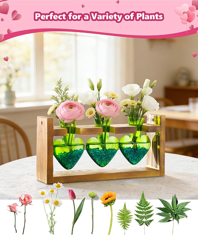 Nacome Plant Terrarium Propagation Stations: Valentines Day Gifts for Her Plant Lovers Women Mom Wife Daughter - 3 Bulb Glass Vase with Wooden Stand Tabletop for Hydroponics Indoor Home Decor(Green)