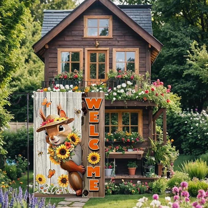 Welcome Spring Summer Garden Flag 12x18 inch Vertical Double-Side Small Burlap sunflower Squirrel Garden Flags Yard Porch Outdoor Patio Lawn Decor Flags Decorations