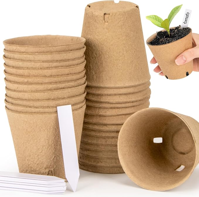 RAINFLOW 25PCS Peat Pots with Labels-Biodegradable Eco-Friendly Pots for Seedlings with Drainage Holes,Garden Germination Nursery Pot for Flower Vegetable Tomato Saplings & Herb Seed Germination
