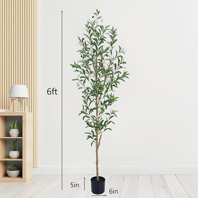 6FT Artificial Olive Tree, Realistic Faux Tree with Leaves and Fruits for Indoor Home & Office Decor