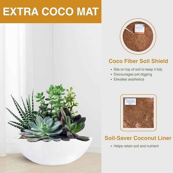 KUTE NEST 6.9" H x 19.7" D Round Bowl Fiberstone Planter for Succulent and Lotus with Drainage Hole, Smooth Finishes, Weather Resistant, Included 2 Extra Coco Mats (White, 17.9" Pot Opening)