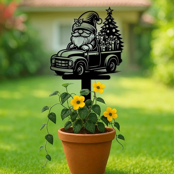 Magilab Personalized Iron Yard Stake - Christmas Cute Gnome Dwarves Decor, 8-Inch Black Metal Garden Sign for Outdoor (Style N)