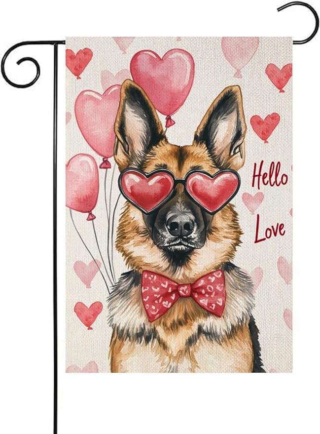 Valentine's Day German Shepherd Hello Love Garden Flag, House Yard Plaid Love Heart Outside Decoration, Spring Holiday Wedding Anniversary Outdoor Small Decor 12x18(12626)