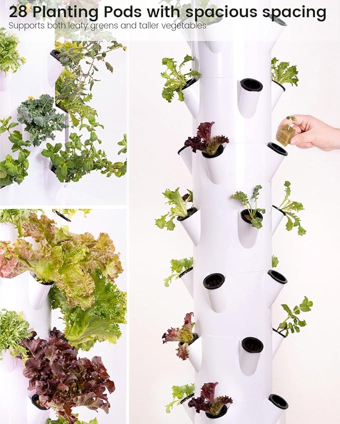Vertical Hydroponics Growing System Kit, 28-Plant Spacious Indoor Hydroponic Garden Tower with Automatic Timer LED Grow Lights & Pump System, Herb Garden Planter Indoor Kit with 30L Water Reservoir