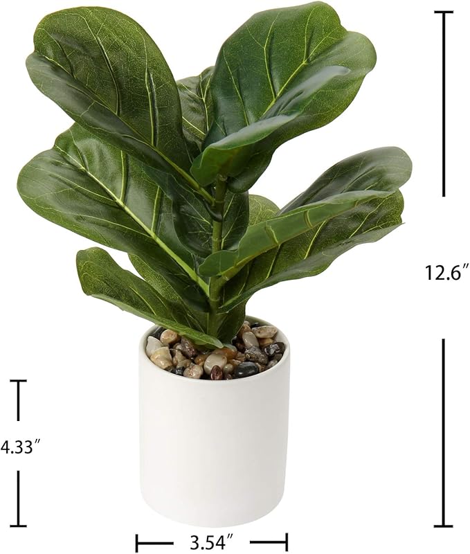 Briful Small Fake Fiddle Leaf Fig Plant - 13" Artificial Ficus Lyrata in White Ceramic Pot for Home Decor Indoor Table Office Bathroom Shelf