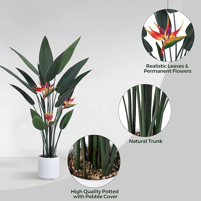 Artificial Bird of Paradise Plant 48in(4Ft) Tall Fake Banana Leaf Plant for Indoors and Outdoors, Artificial Flowers, Faux Palm Tree with Plastic Pot for Office and Home Decor