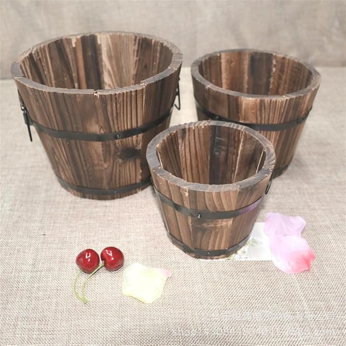 Wooden Round Barrel Flower Pot Planter with Breathable Bottom Hole for Home Office Garden Decor 7.08X5.9 Inches