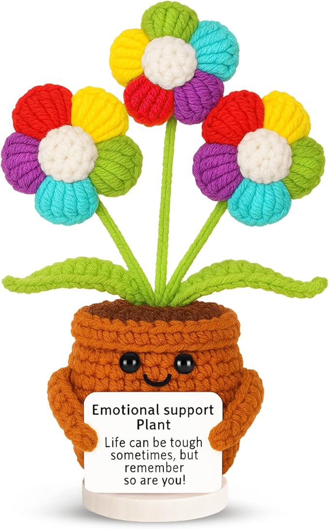 penzoos Rainbow Daisy Emotional Support Plant, Handmade Crochet Potted Flower with Inspirational Message Card, Colorful Knitted Daisy Decoration, Stress Relief Gift for Friends, Family, and Coworkers