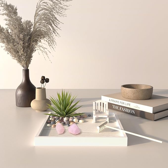 Cularve Zen Garden for Desk – White Modern Style with Healing Crystals and Sand Rake, Perfect for Home, Office, and Desktop Decor, Meditation and Stress Relief
