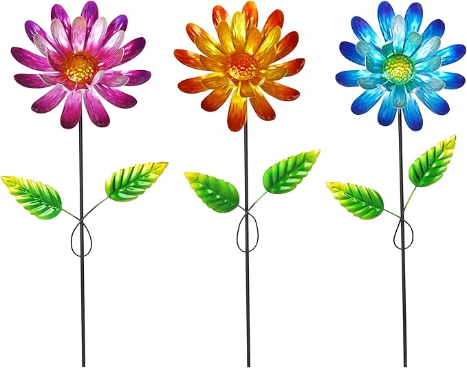 Voltogar Metal Flower Garden Stake for Outside, 3 Pcs 16" H Outdoor Garden Stakes Decor, Yard Outdoor Ornaments for Patio, Lawn, Patio(Yellow & Purple & Blue)