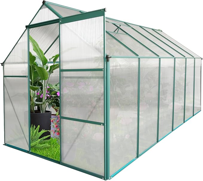 Favfurish 6x12 FT Greenhouse, Outdoor Polycarbonate Hot House, Garden Plants Green House with Raised Base, Sliding Door and Adjustable Vent Roof for Outdoor Patio, Green