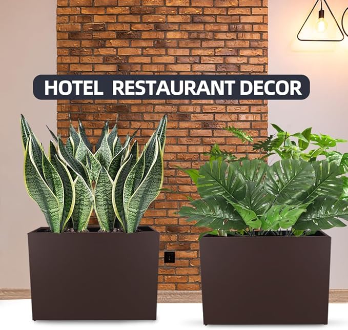 Megawodar Metal Tall Long Planter Box Large Rectangular Planter Flower Pot with Drainage Holes for Indoor Outdoor Deck Porch Garden Home Patio Front Door (Espresso, M)