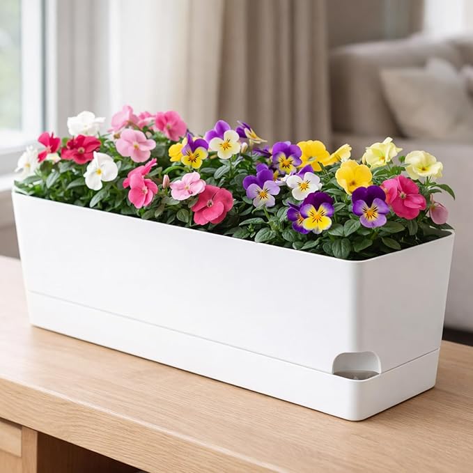 Party Zealot Window Boxes Planters, 5 Pack Self Watering Pots for Indoor Plants 17 Inch Rectangular Planter Rectangle Flower Pots Long Plant Pot Large Window Sill Herb Planter Box, White