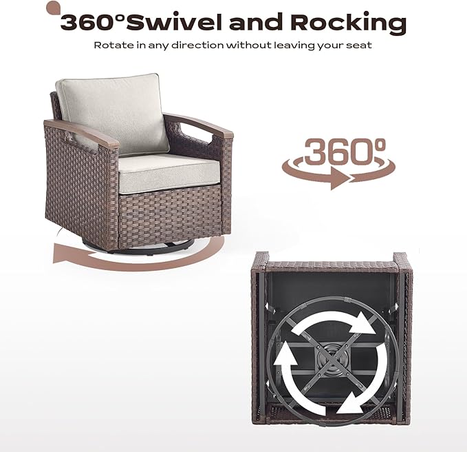 Rilyson Wicker Outdoor Patio Furniture Set - 8 Piece Patio Conversation Sets with Swivel Rocker Chairs, Chairs, Ottomans, Sofa and Coffee Table, Thick Cushions, for Porch Deck Brown/Beige