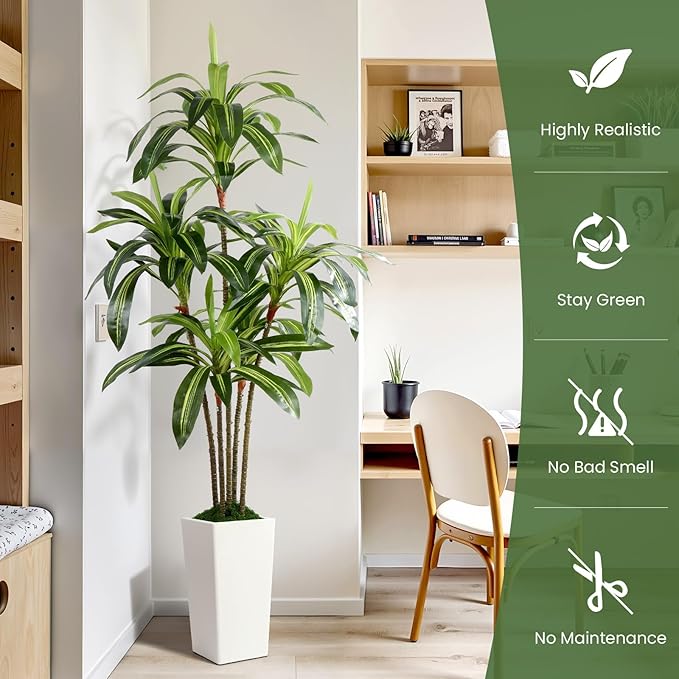 Alupssuc Artificial Dracaena Fake Tree 6FT, White High Pot Artificial Plants Indoor&Outdoor, Fake Plants for Office/Home/Living Room Potted Decoration, 6ft
