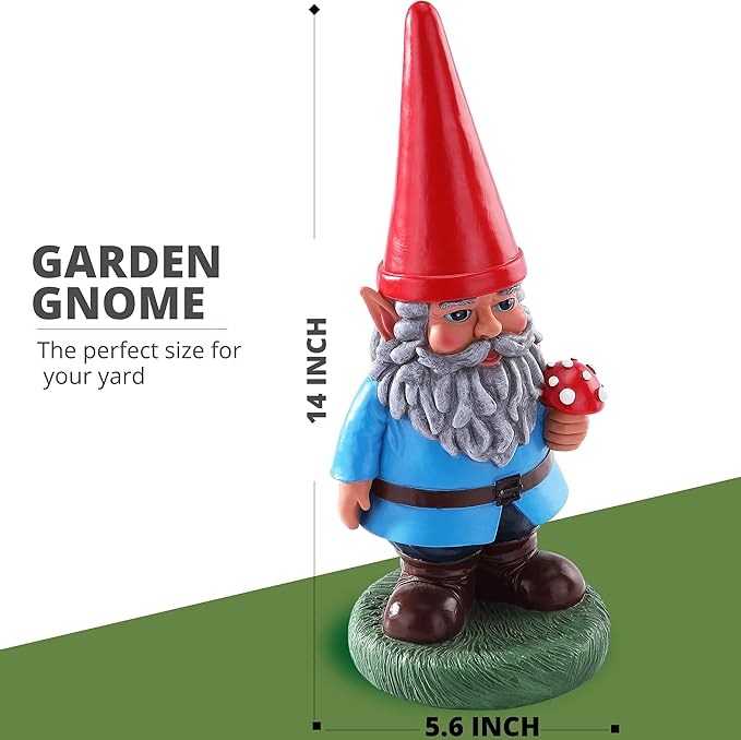 Garden Gnome Holding Mushroom - Funny Yard Ornament - Classic Gnome Decor - 14 Inch Tall